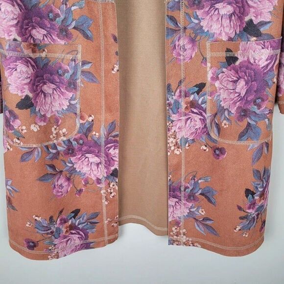 Solitaire Size S Floral Faux Suede Open Front Kimono Jacket Duster Multicolor - Picture 4 of 12